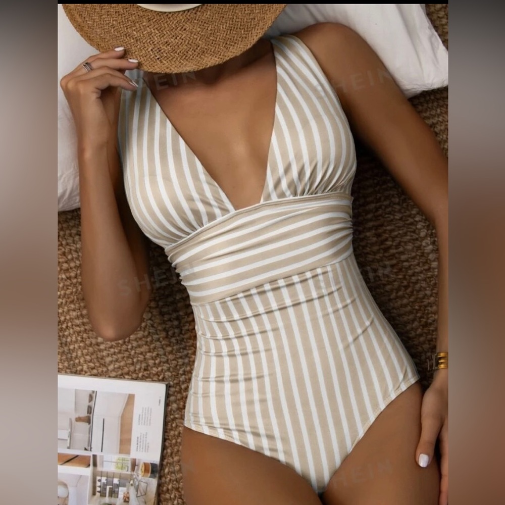 Shein Striped Ruched One Piece Swimsuit